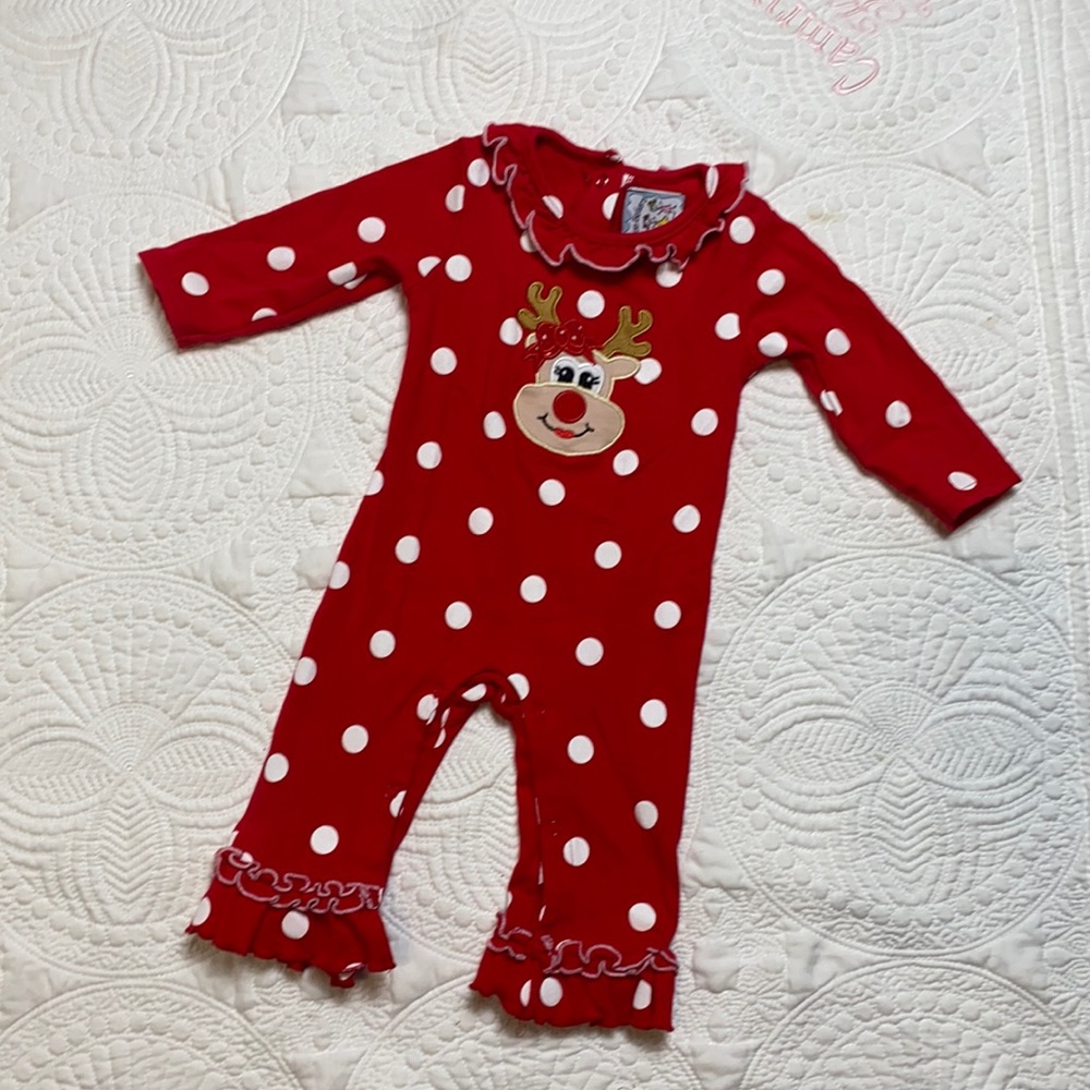 Three sisters baby girl polka dot reindeer Christmas one piece